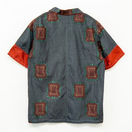Red Cuff Geometric Pattern Short Sleeve Aloha Shirt L CA76