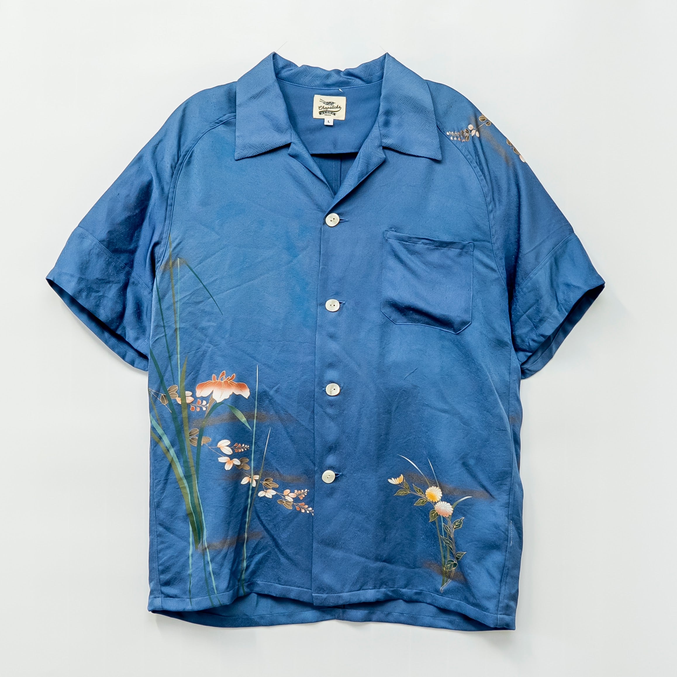 青と二輪の花　半袖アロハシャツ　L　CA143