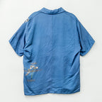 Blue and Two Flowers Short-Sleeved Aloha Shirt L CA143