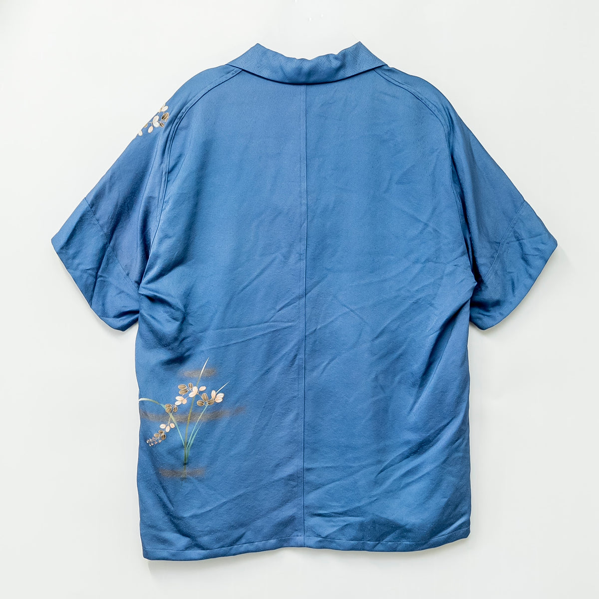 青と二輪の花　半袖アロハシャツ　L　CA143