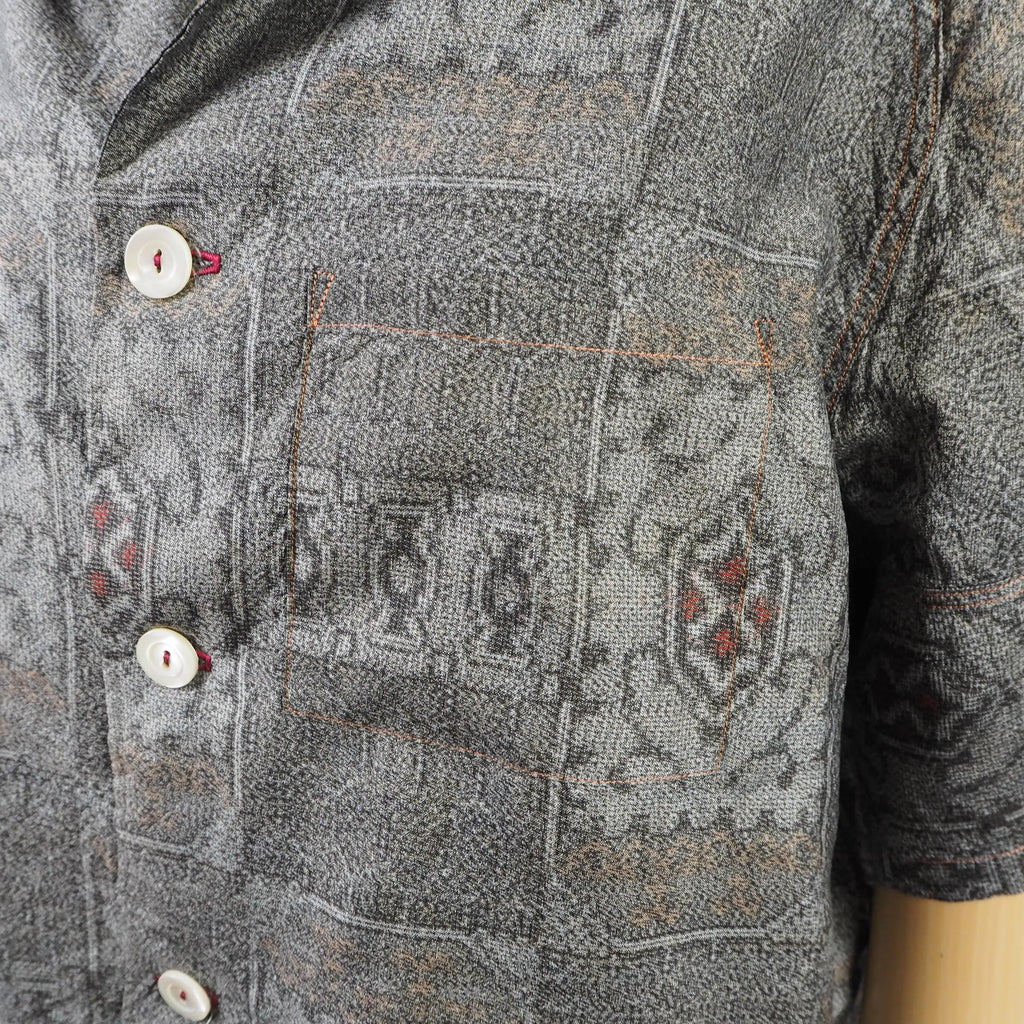 Gray Geometric Pattern Short Sleeve Oshima Tsumugi Aloha Shirt M CA45
