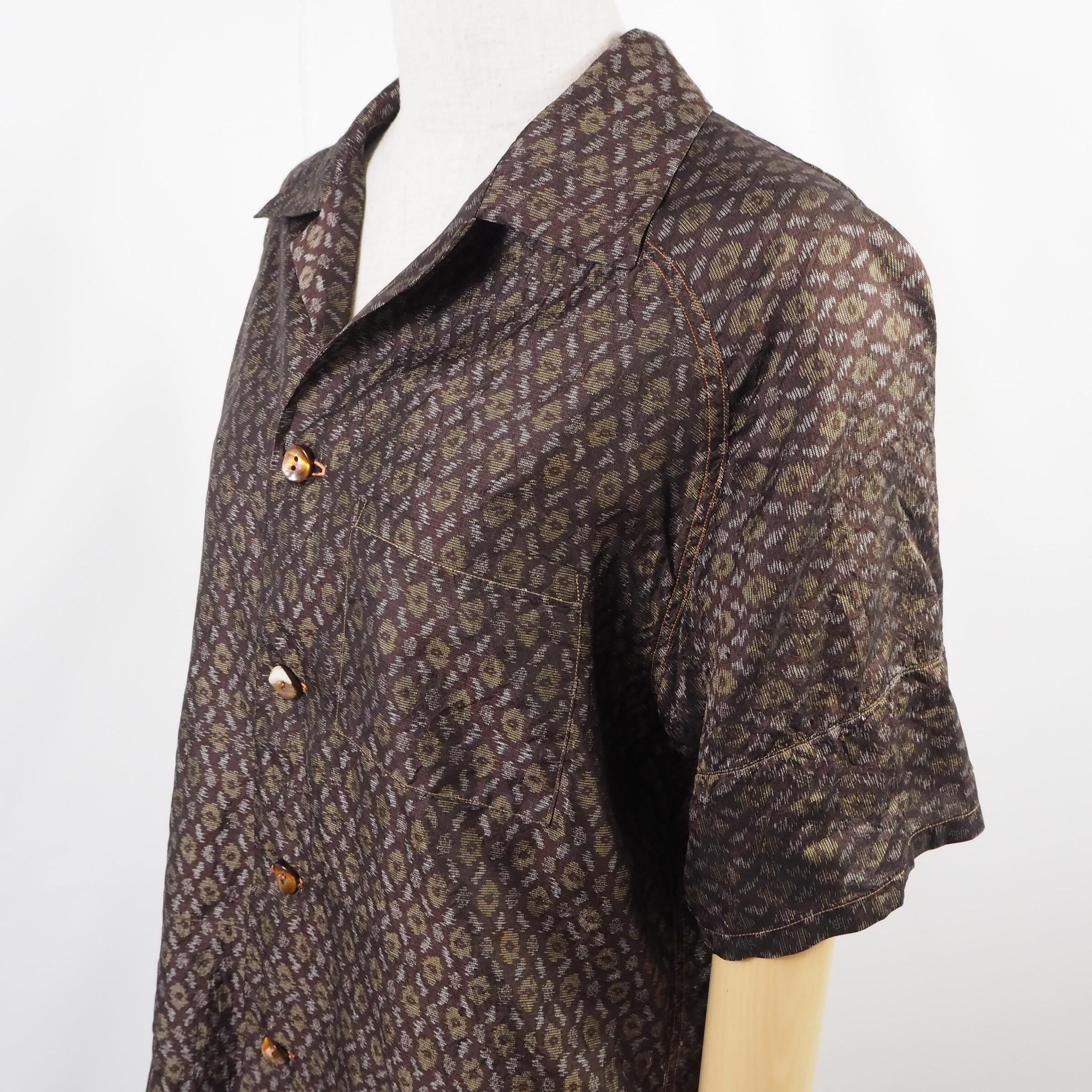 Brown Geometric Pattern Short Sleeve Oshima Tsumugi Aloha Shirt L CA44