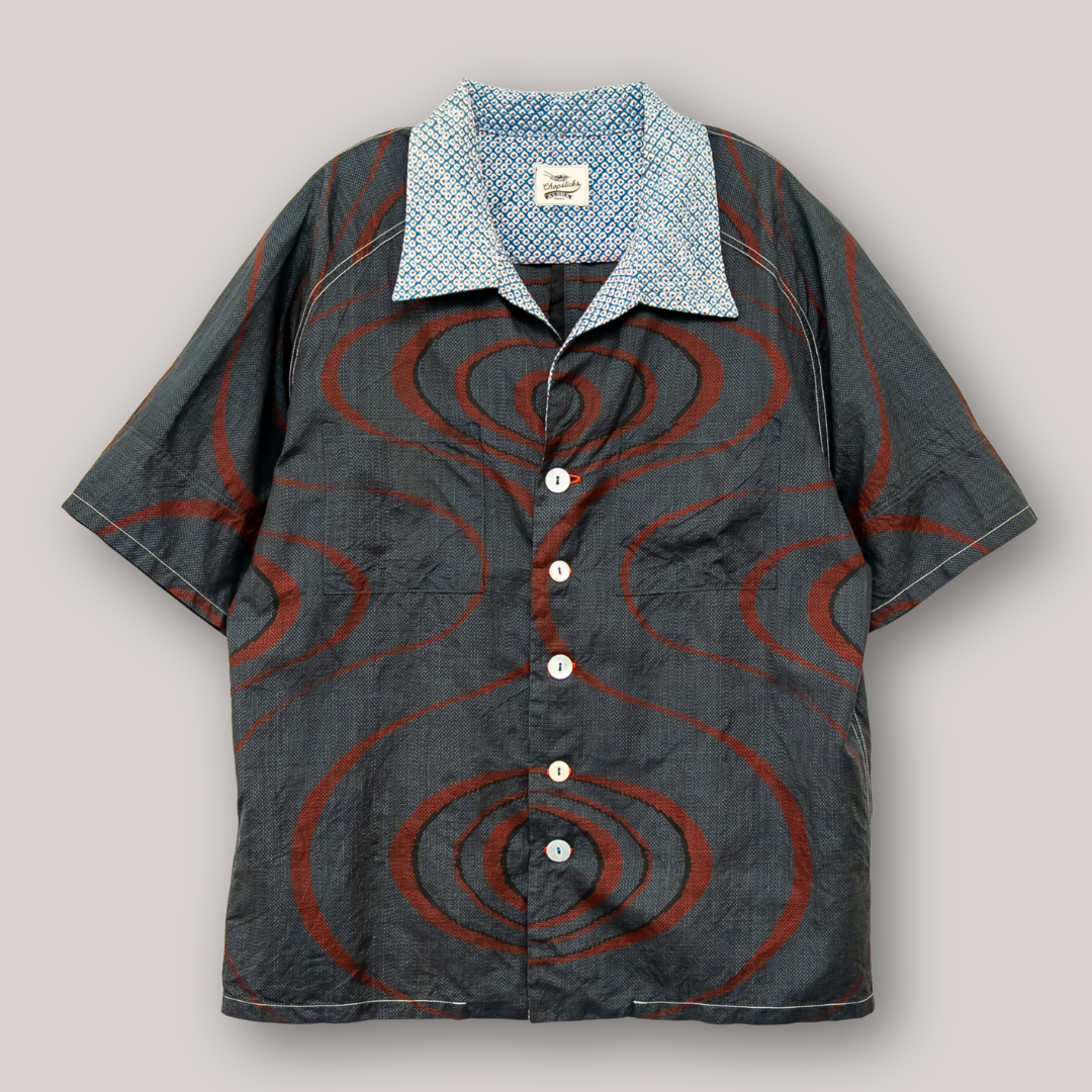 波紋柄　半袖大島紬アロハシャツ　L　CA66