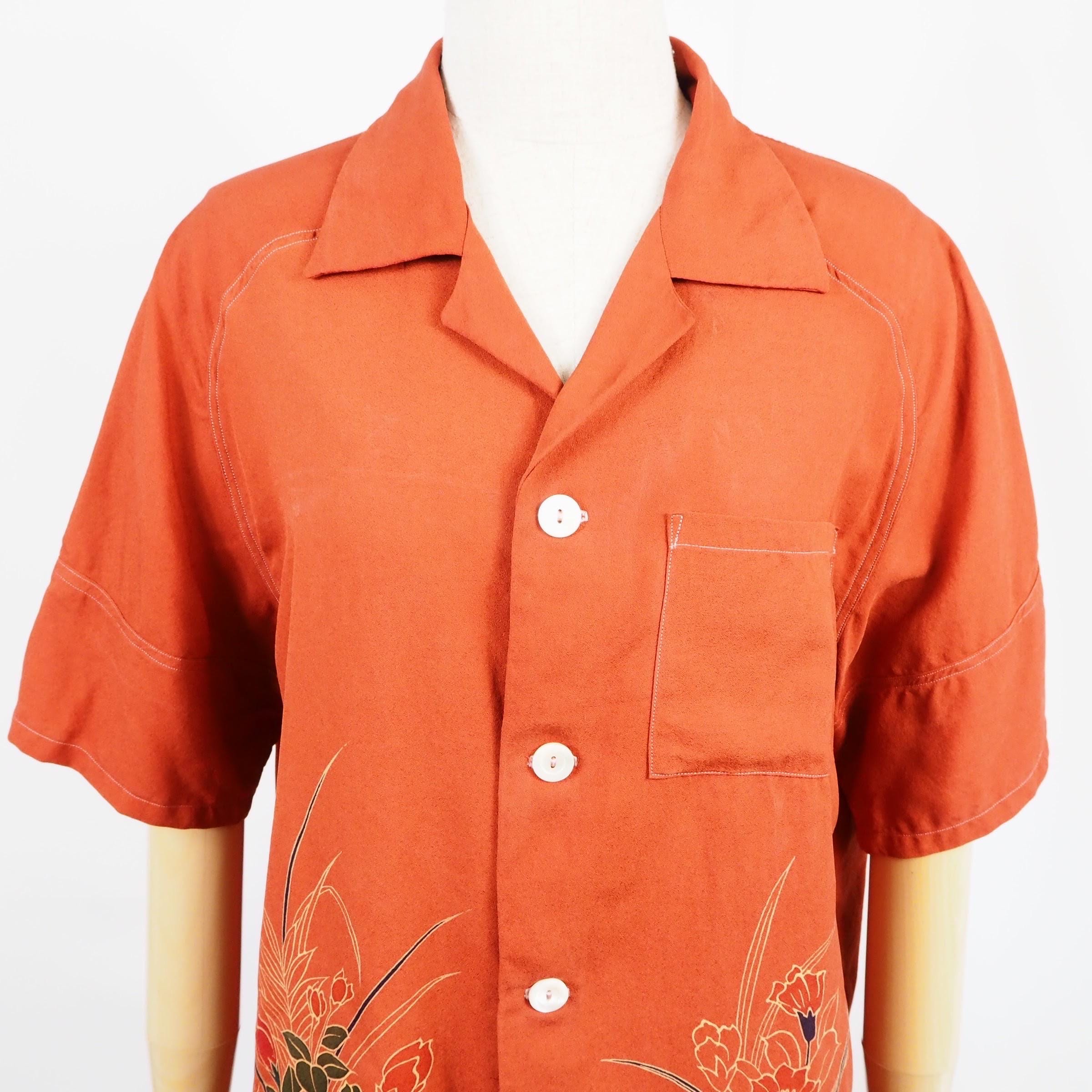 朱色草花　半袖アロハシャツ　M　CA51