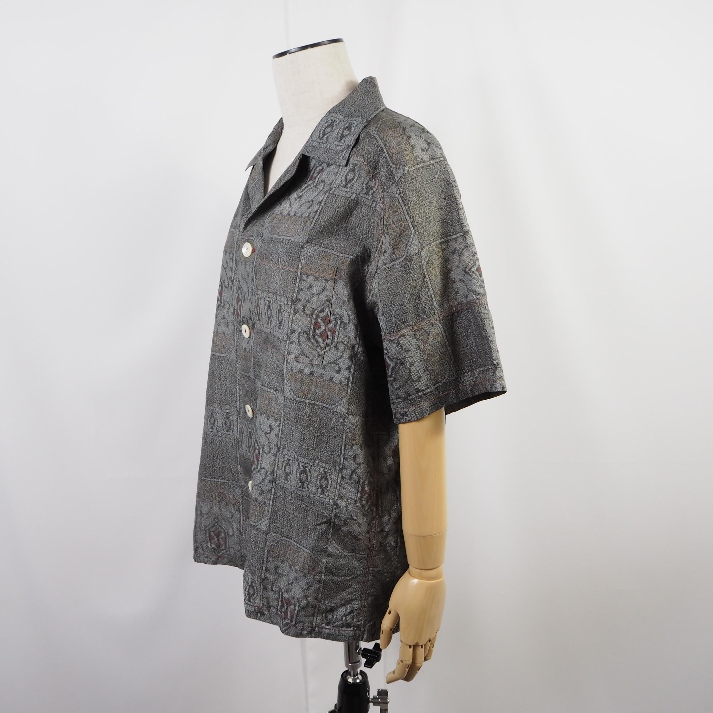 Gray Geometric Pattern Short Sleeve Oshima Tsumugi Aloha Shirt M CA45