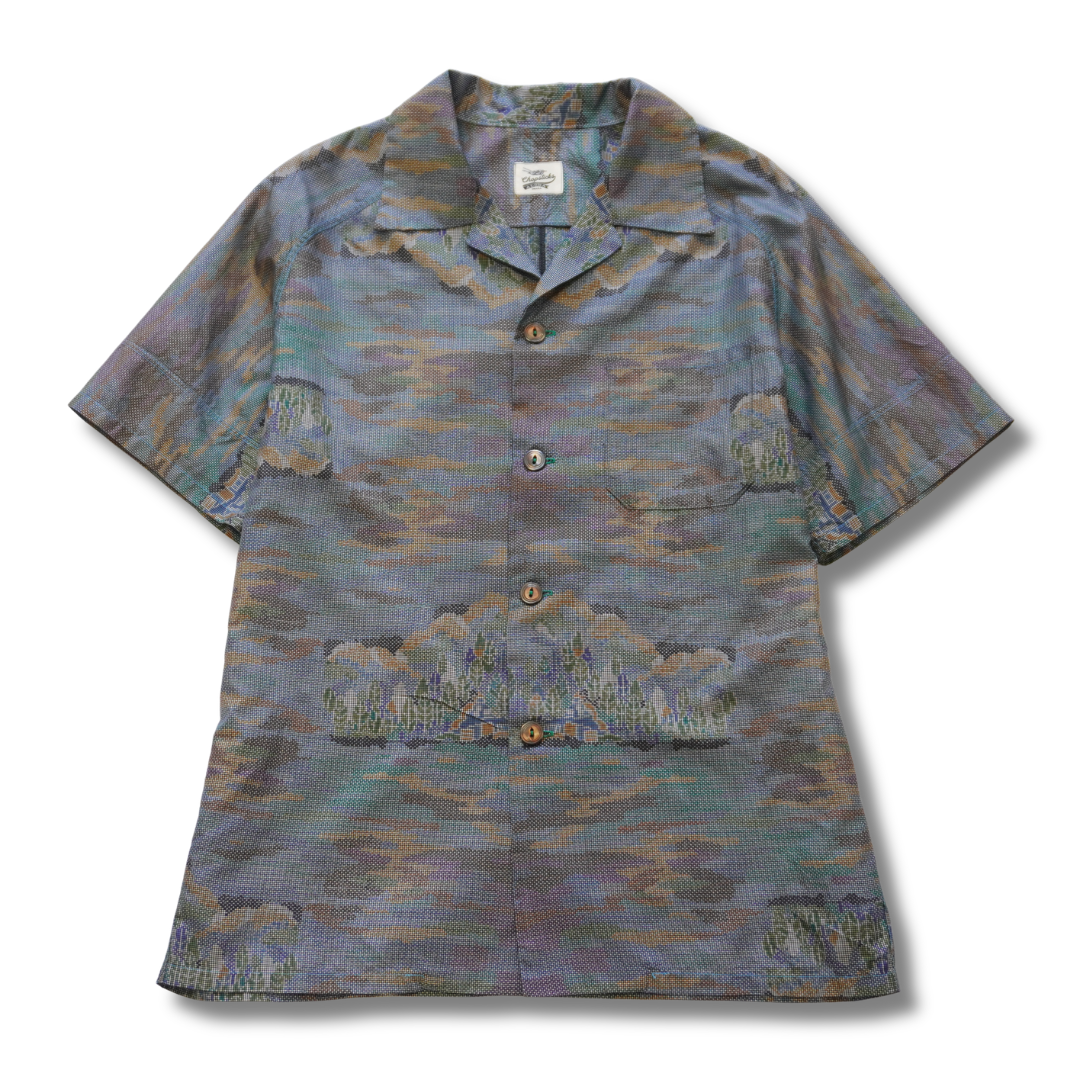 Hazy Mountain View Short-Sleeve Oshima Tsumugi Aloha Shirt L CA115