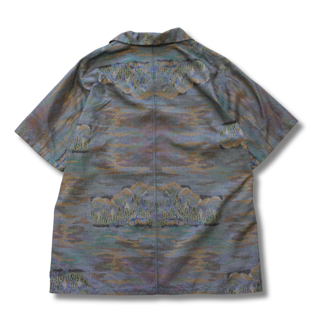 Hazy Mountain View Short-Sleeve Oshima Tsumugi Aloha Shirt L CA115