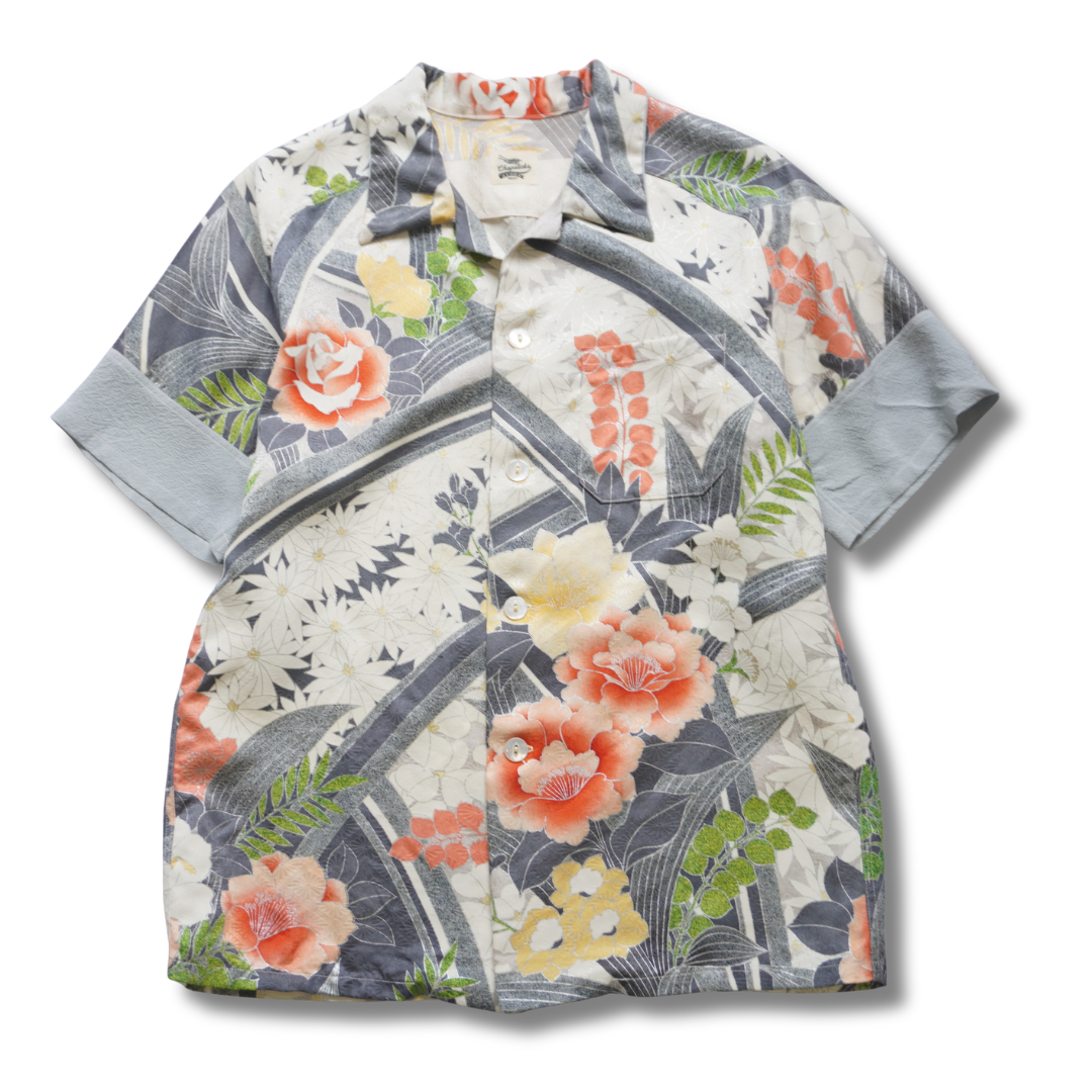 珊瑚色花々　半袖着物アロハシャツ　L　CA112