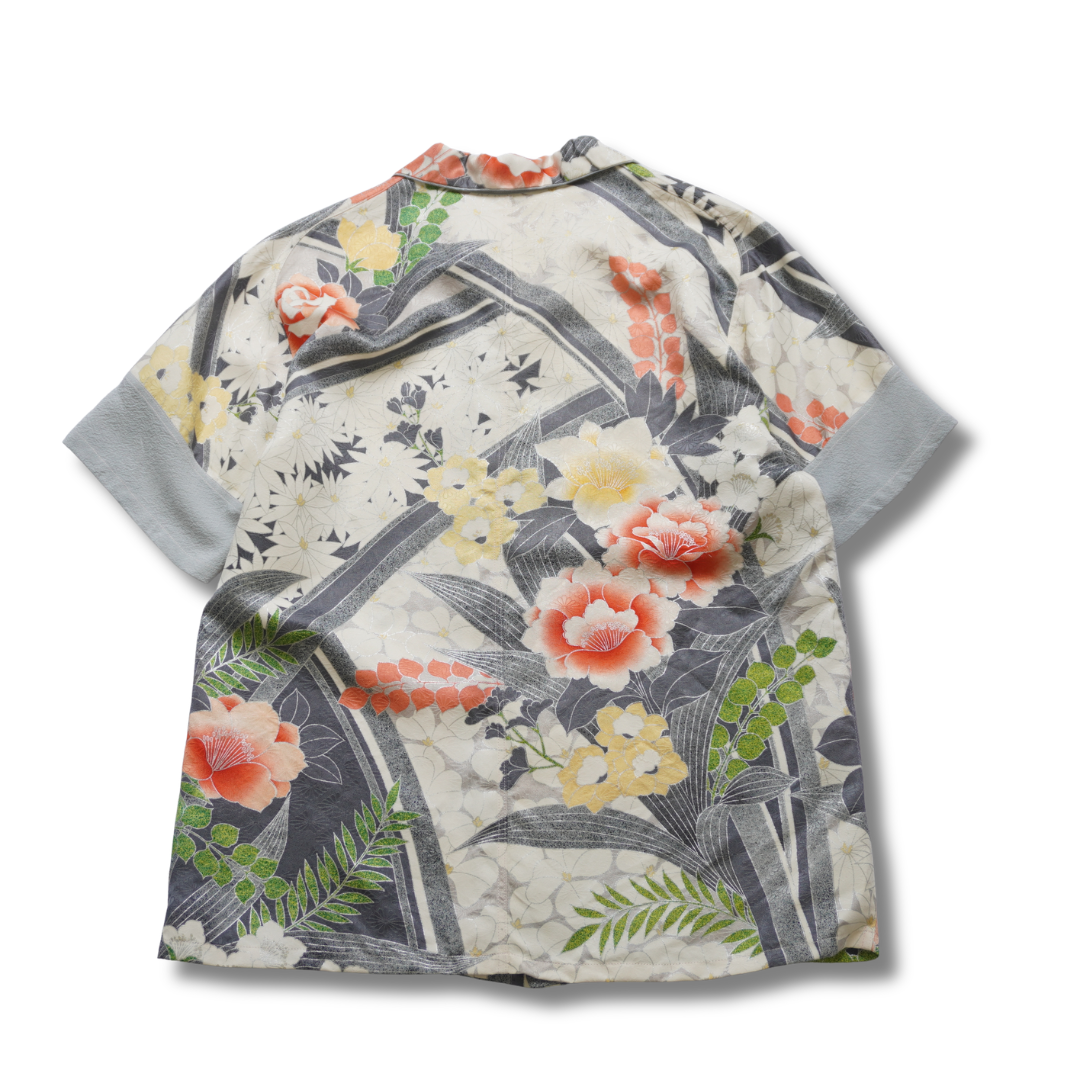 珊瑚色花々　半袖着物アロハシャツ　L　CA112