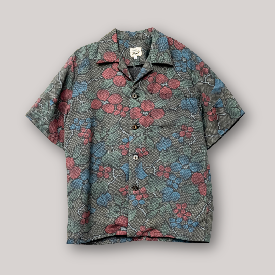 赤青花柄　半袖大島紬アロハシャツ　L　CA122