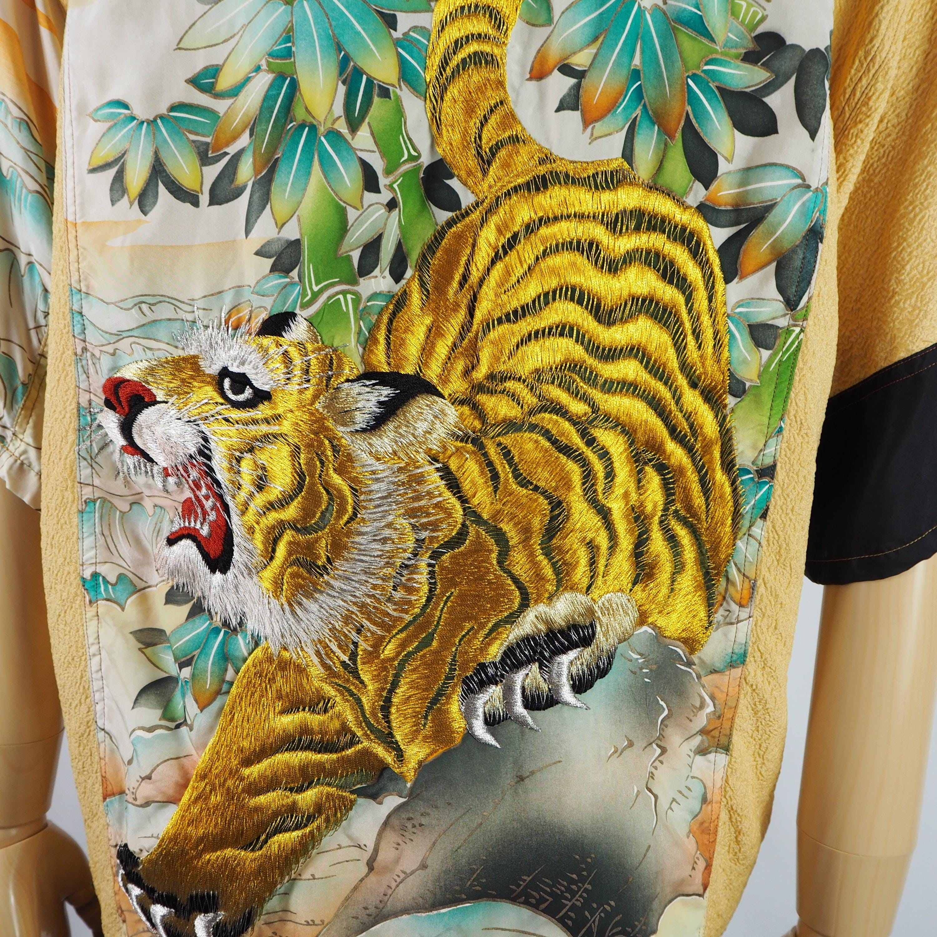 Kimono Aloha Shirt with Tiger Embroidery, Silk, Size M, CA35