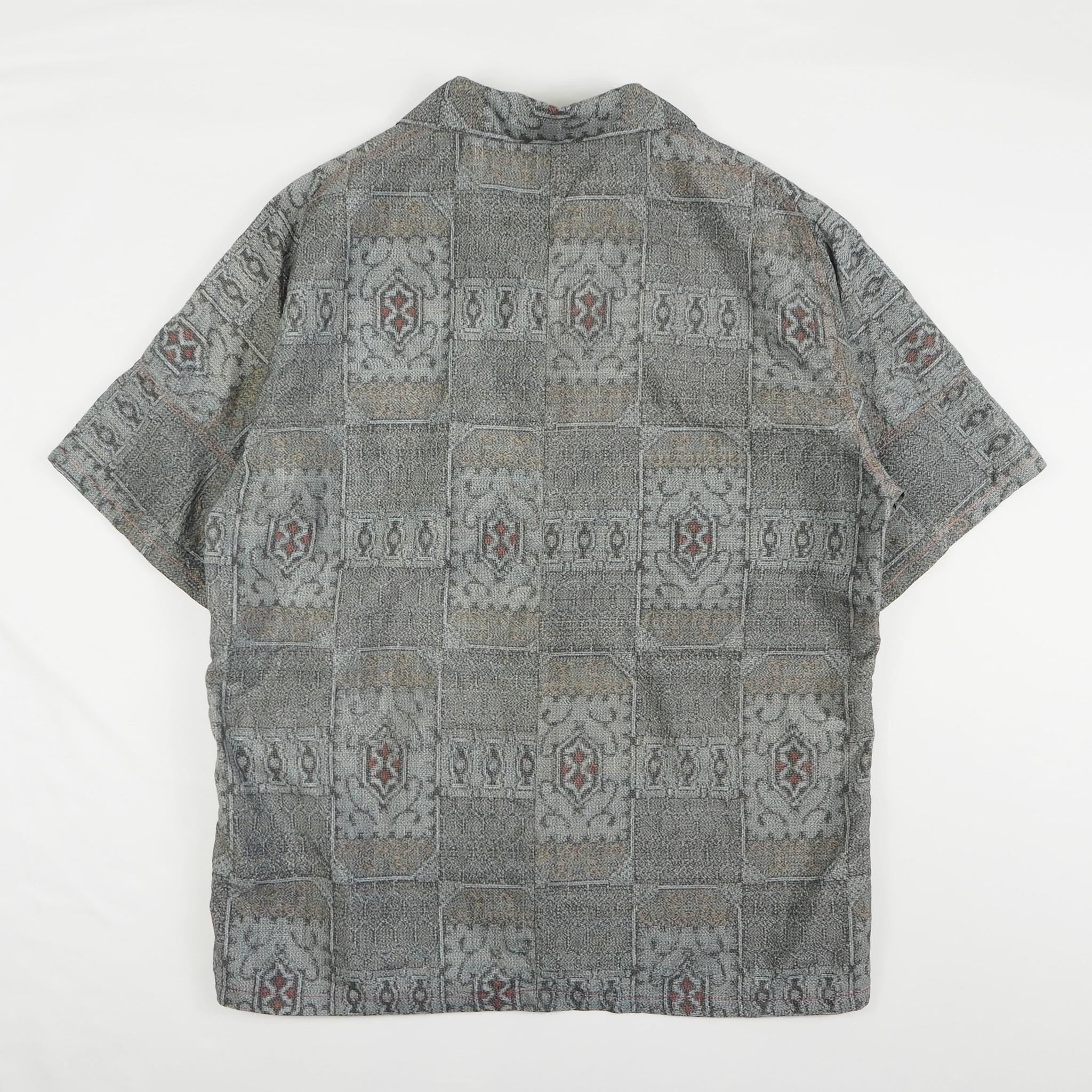 Gray Geometric Pattern Short Sleeve Oshima Tsumugi Aloha Shirt M CA45
