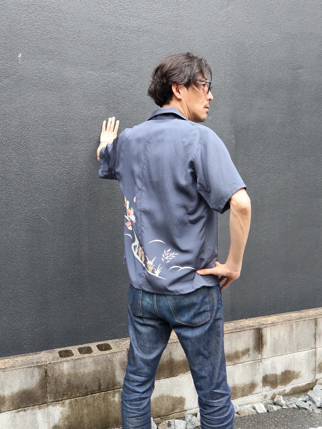 茅葺屋根　半袖アロハシャツ　L　CA61