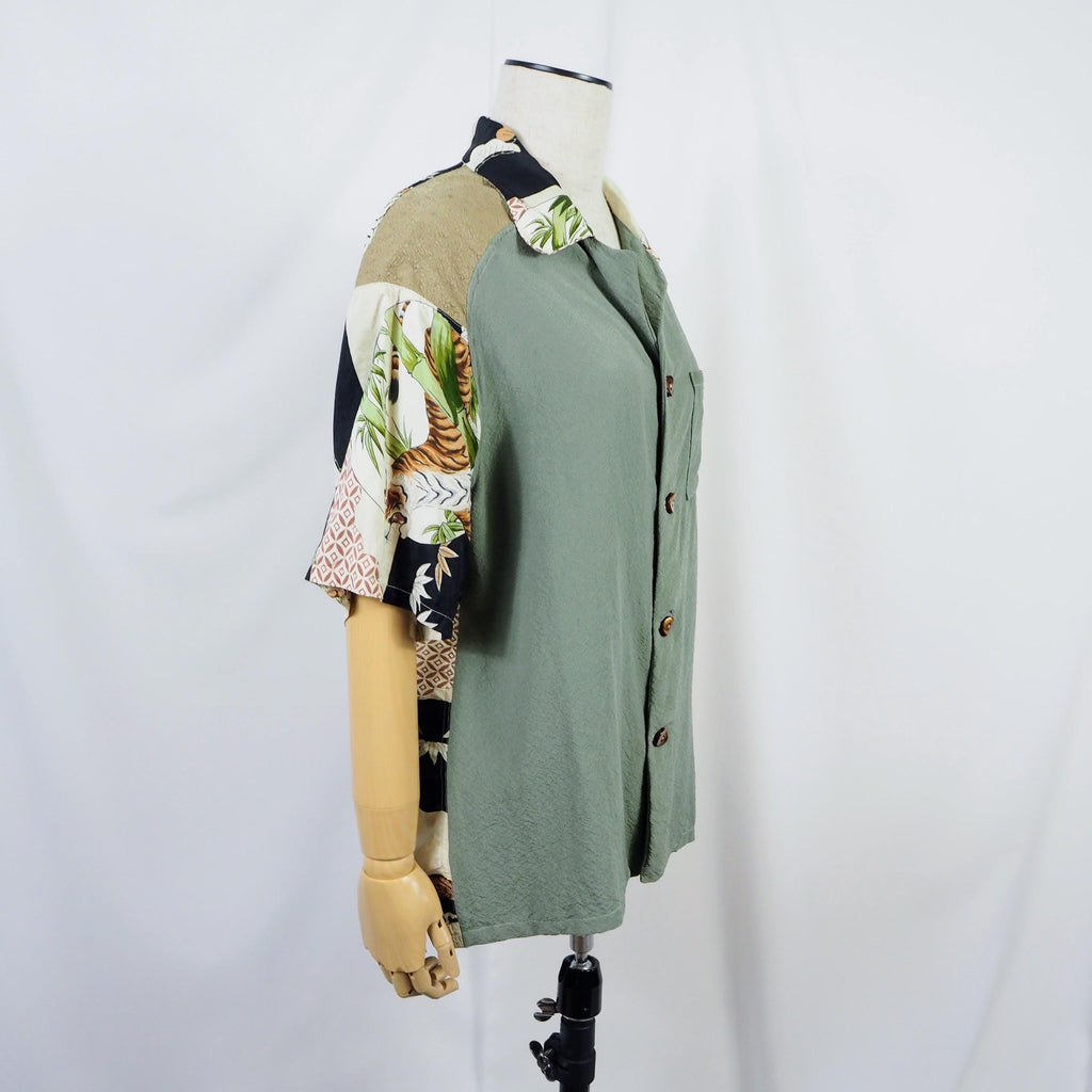 鶴鷹虎モチーフ　半袖アロハシャツ　M　CA48