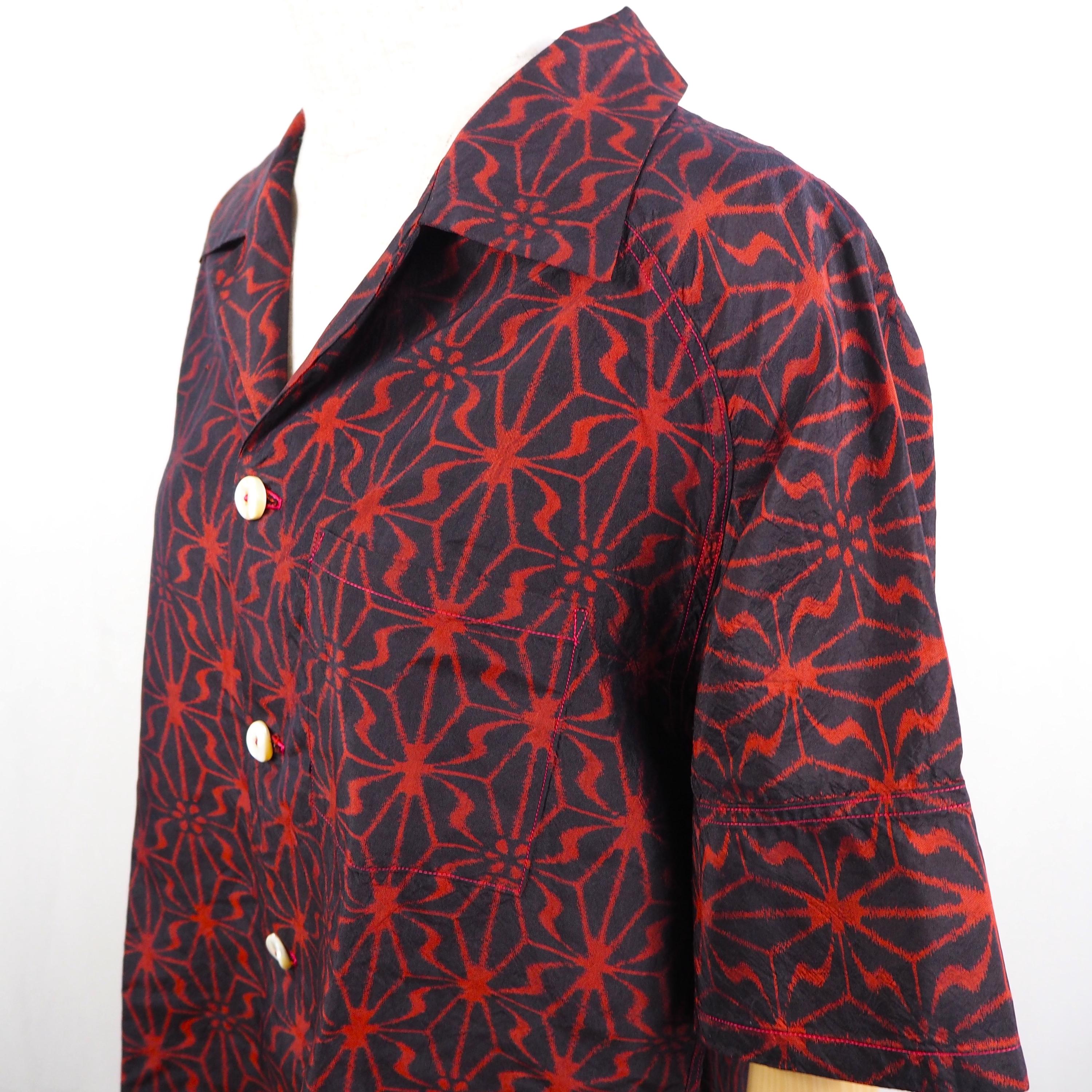 Hemp Leaf Pattern Short Sleeve Oshima Tsumugi Aloha Shirt M CA40