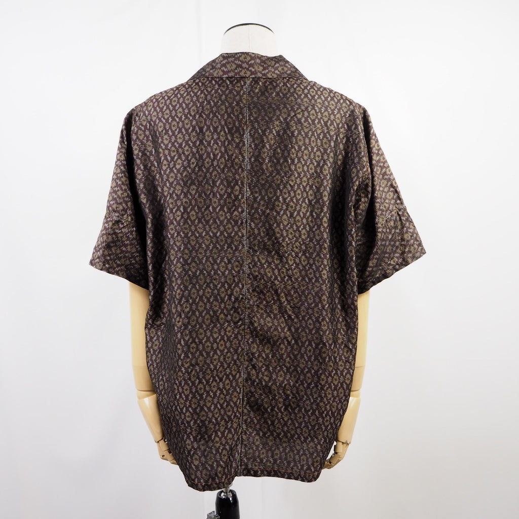 Brown Geometric Pattern Short Sleeve Oshima Tsumugi Aloha Shirt L CA44