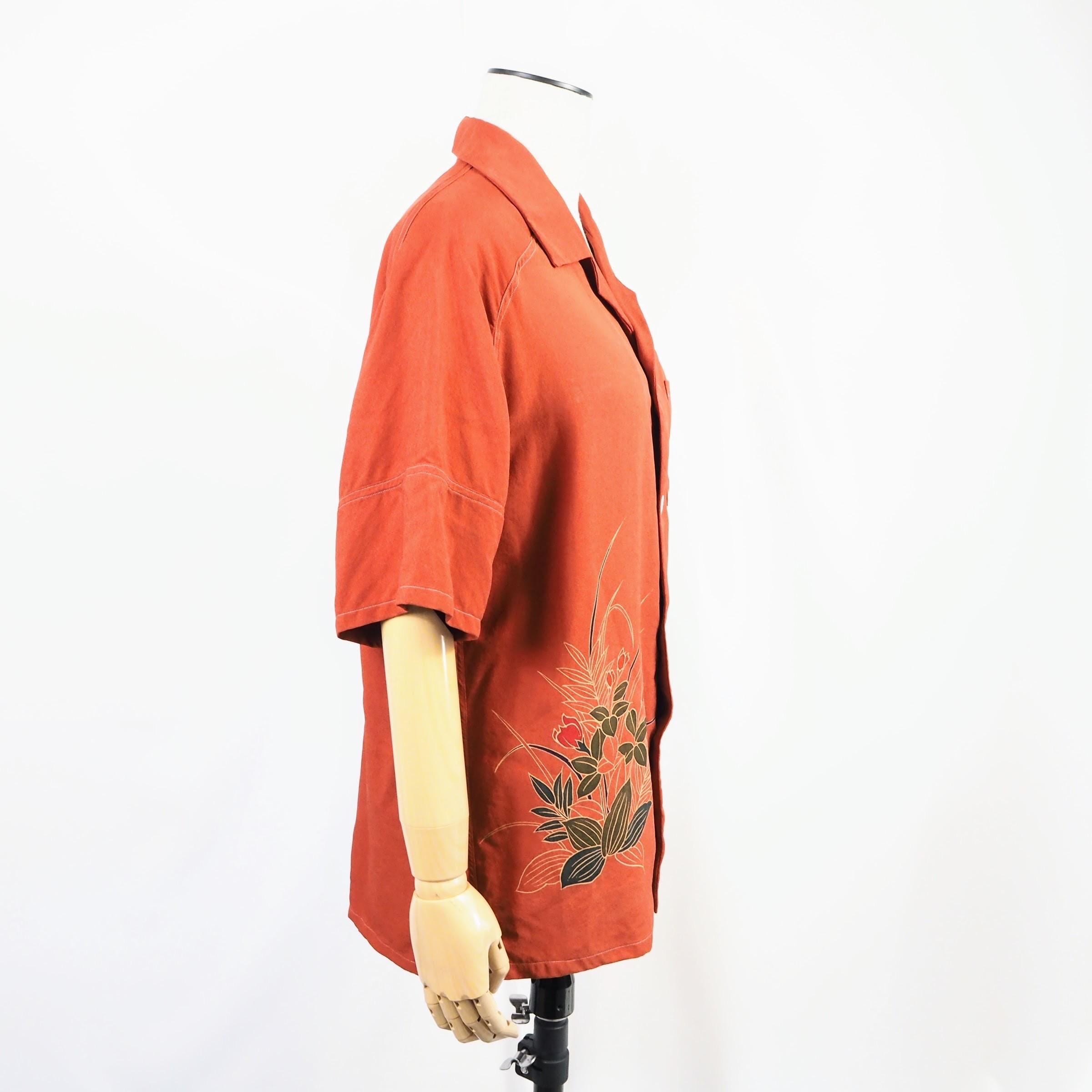 朱色草花　半袖アロハシャツ　M　CA51
