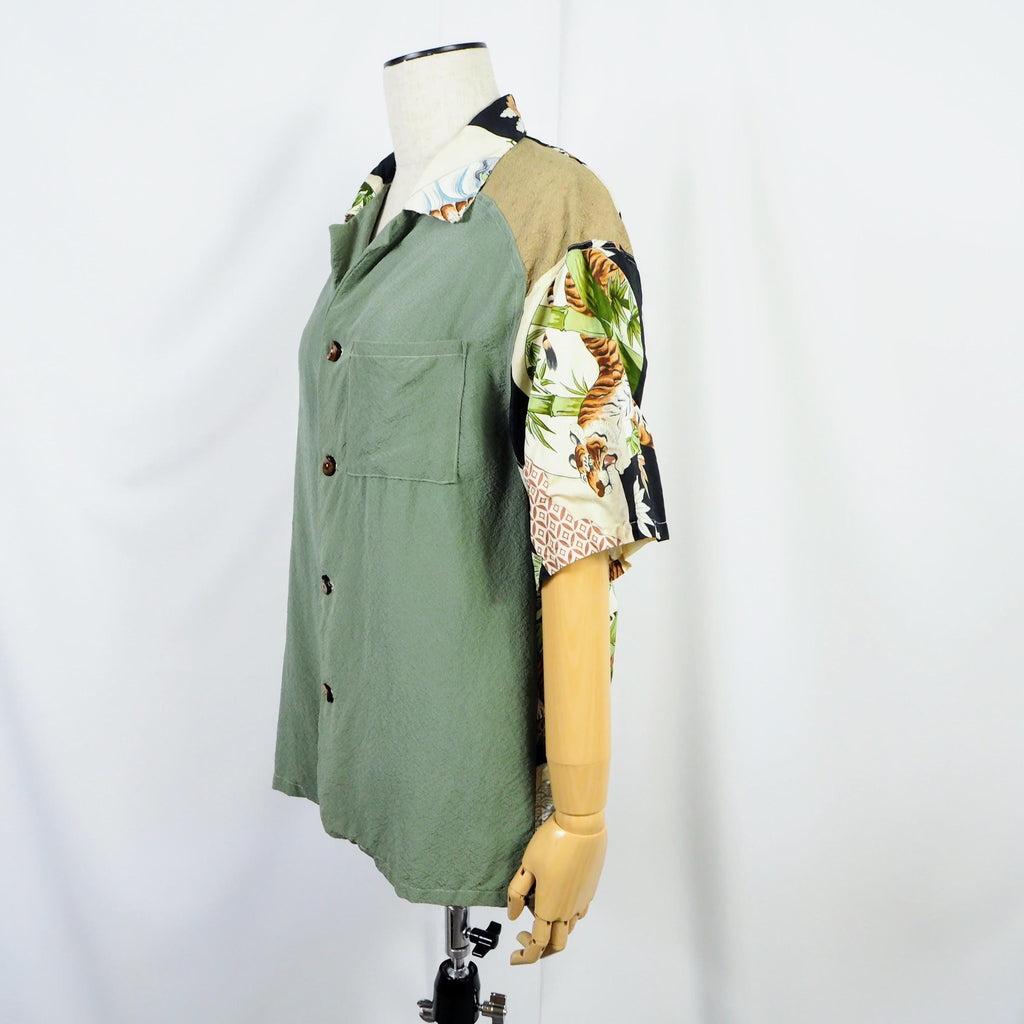 鶴鷹虎モチーフ　半袖アロハシャツ　M　CA48