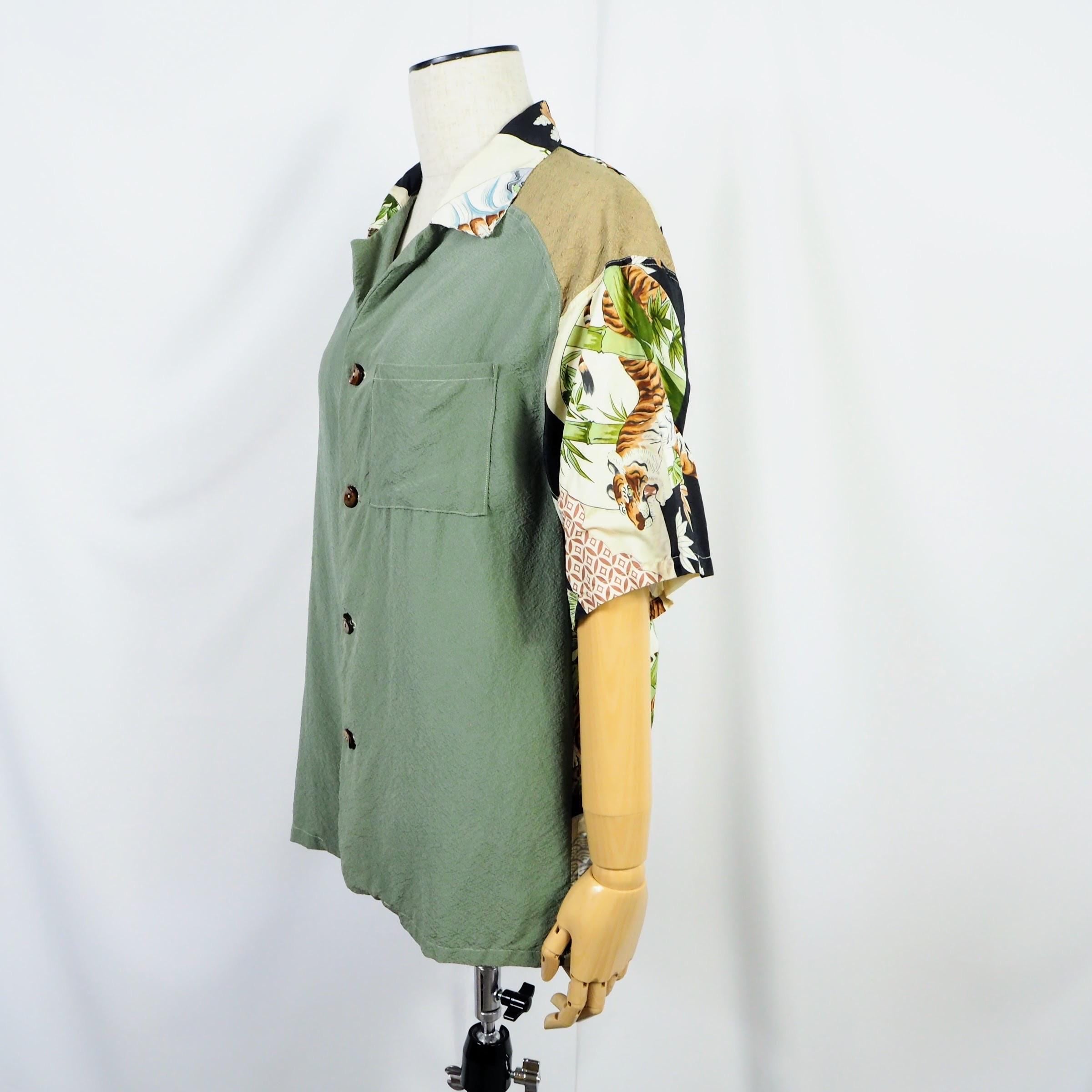 鶴鷹虎モチーフ　半袖アロハシャツ　M　CA48