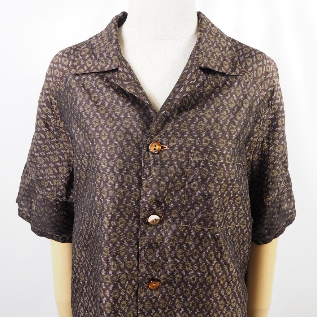 Brown Geometric Pattern Short Sleeve Oshima Tsumugi Aloha Shirt L CA44