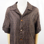 Brown Geometric Pattern Short Sleeve Oshima Tsumugi Aloha Shirt L CA44
