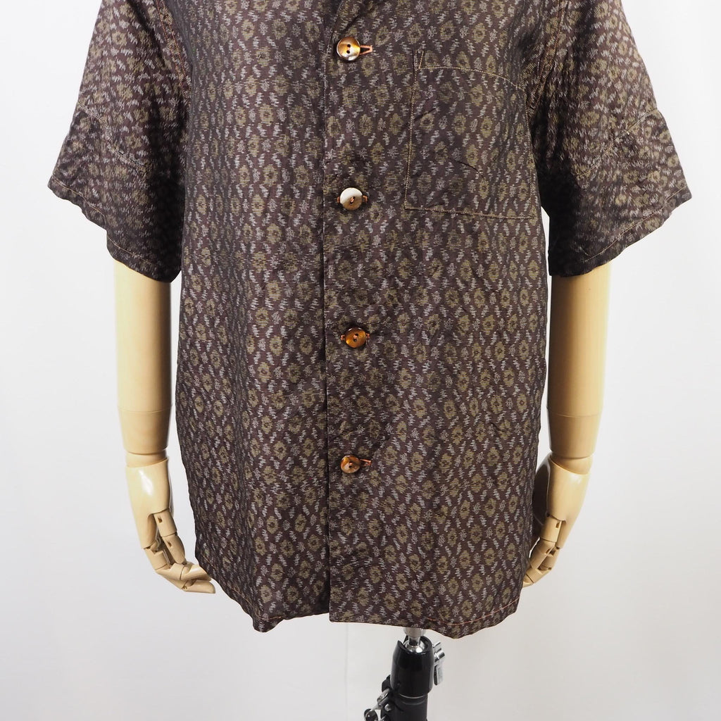Brown Geometric Pattern Short Sleeve Oshima Tsumugi Aloha Shirt L CA44