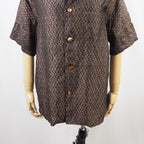 Brown Geometric Pattern Short Sleeve Oshima Tsumugi Aloha Shirt L CA44