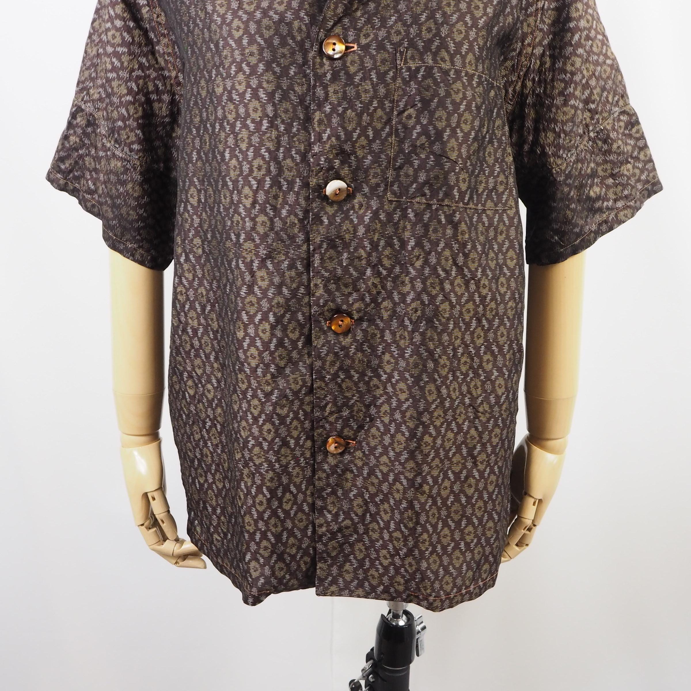 Brown Geometric Pattern Short Sleeve Oshima Tsumugi Aloha Shirt L CA44