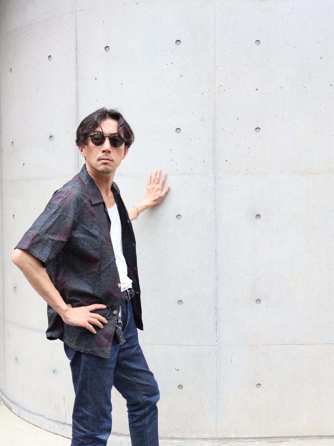 唐草模様　半袖大島紬アロハシャツ　L　CA60