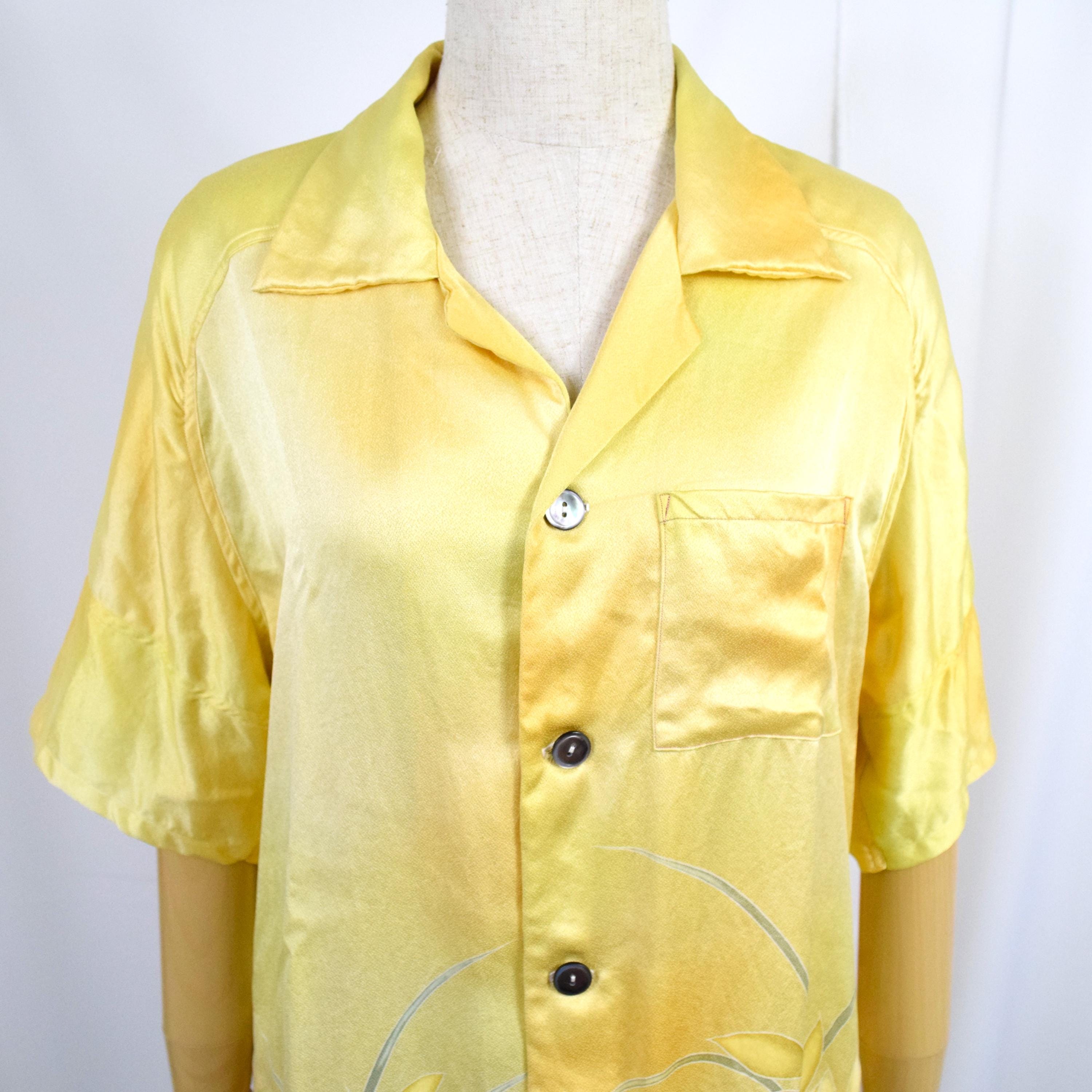 イエロー光沢　半袖アロハシャツ　M　CA54