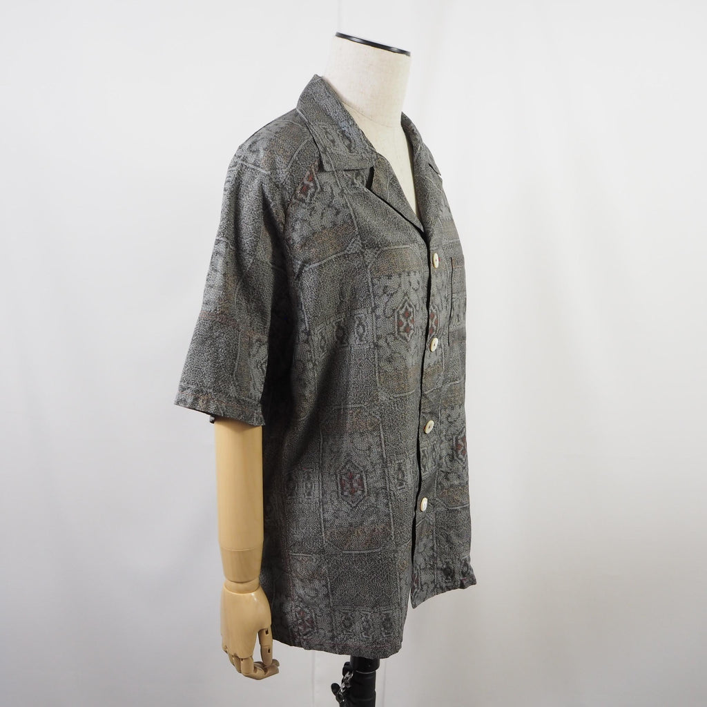 Gray Geometric Pattern Short Sleeve Oshima Tsumugi Aloha Shirt M CA45