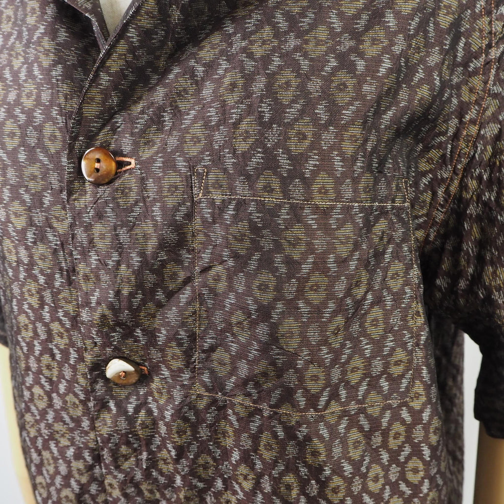 Brown Geometric Pattern Short Sleeve Oshima Tsumugi Aloha Shirt L CA44