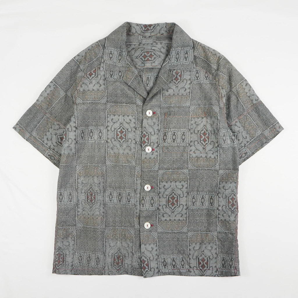 Gray Geometric Pattern Short Sleeve Oshima Tsumugi Aloha Shirt M CA45