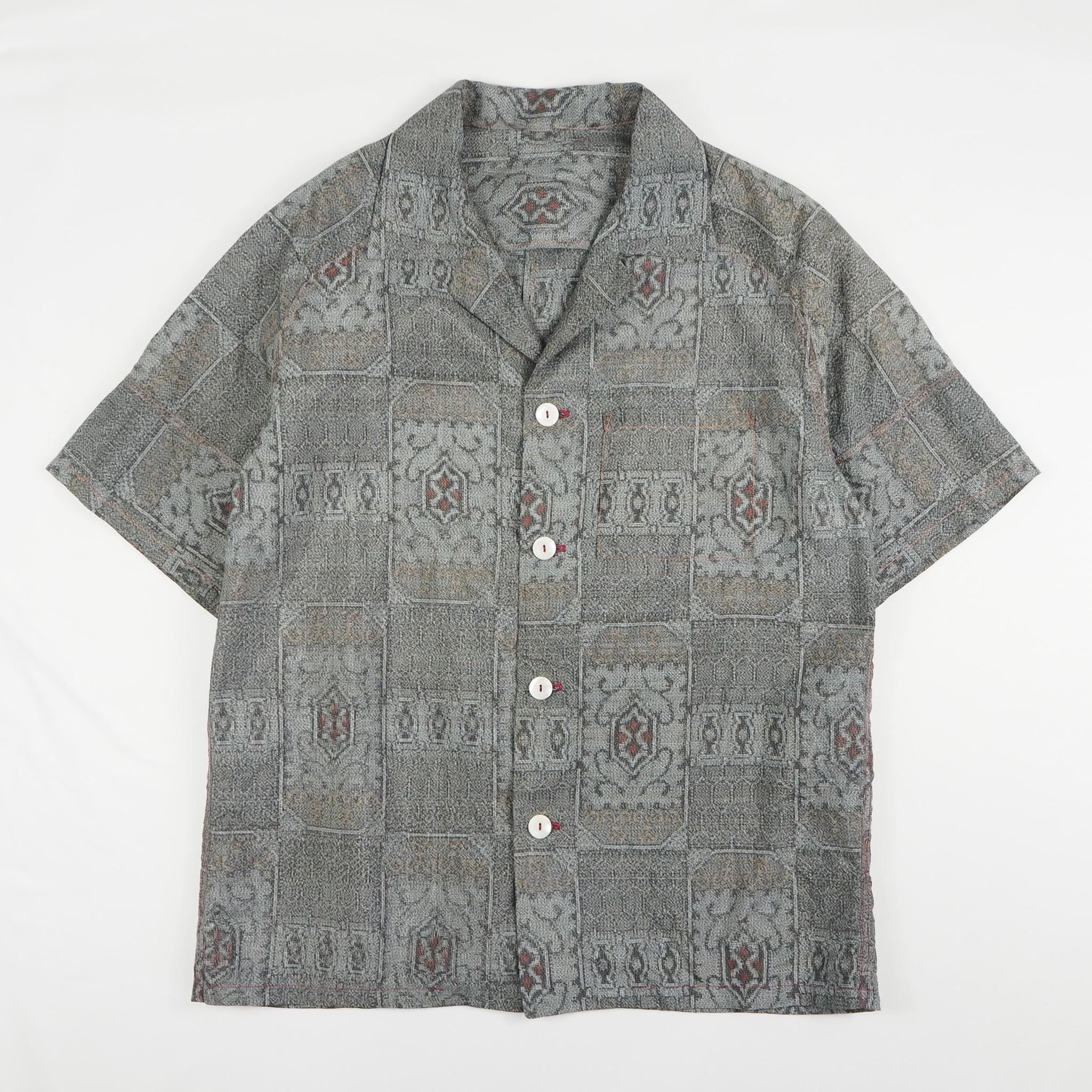 Gray Geometric Pattern Short Sleeve Oshima Tsumugi Aloha Shirt M CA45