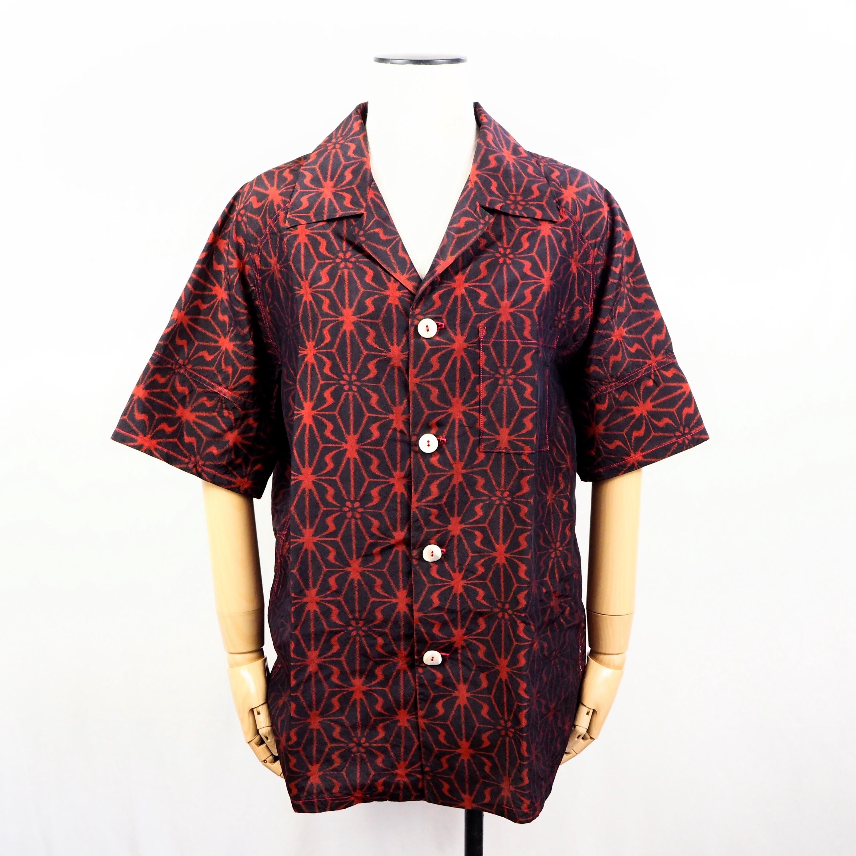 Hemp Leaf Pattern Short Sleeve Oshima Tsumugi Aloha Shirt M CA40