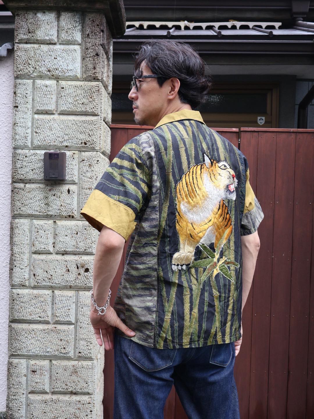 Tiger Embroidery Short Sleeve Embroidered Oshima Tsumugi Aloha Shirt L CA55