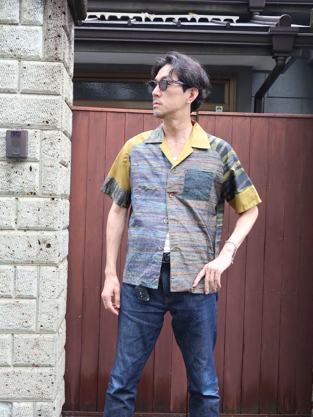 Tiger Embroidery Short Sleeve Embroidered Oshima Tsumugi Aloha Shirt L CA55