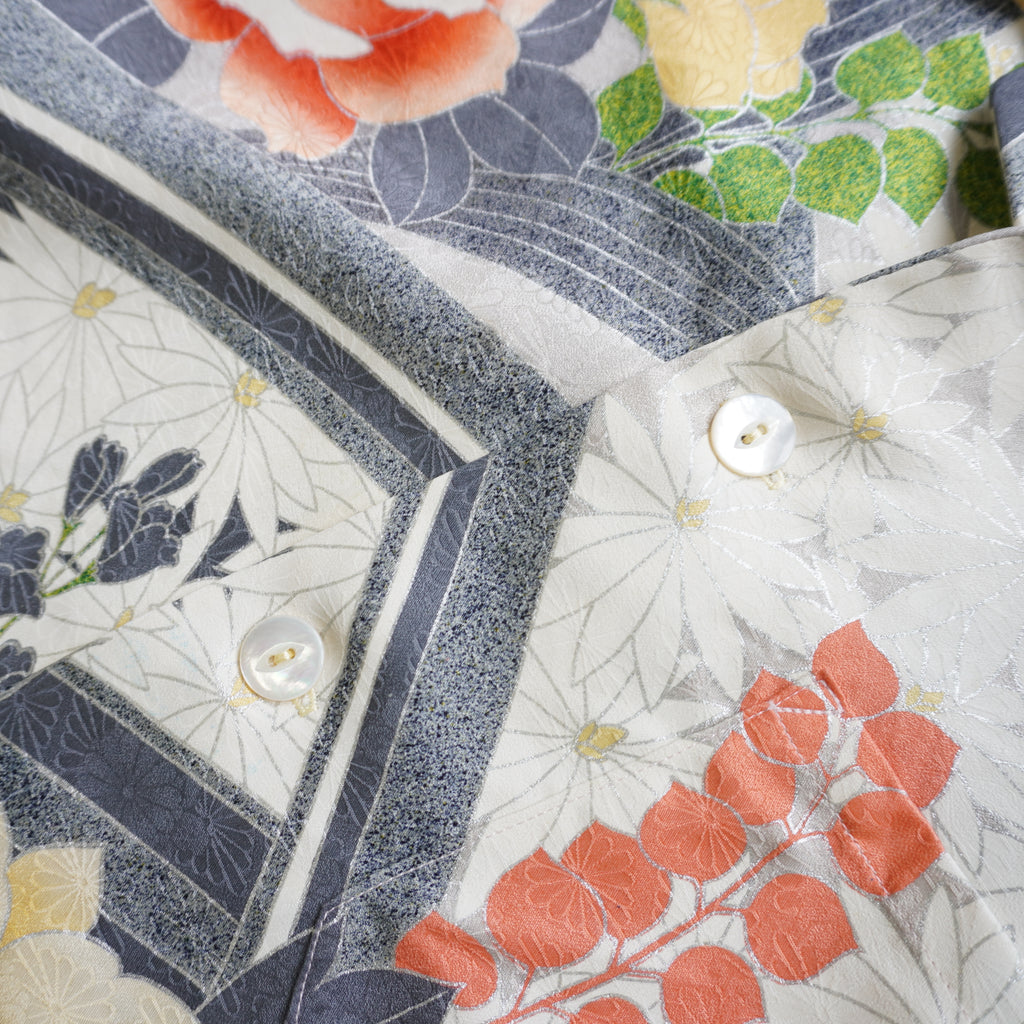 珊瑚色花々　半袖着物アロハシャツ　L　CA112
