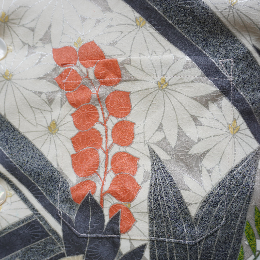 珊瑚色花々　半袖着物アロハシャツ　L　CA112
