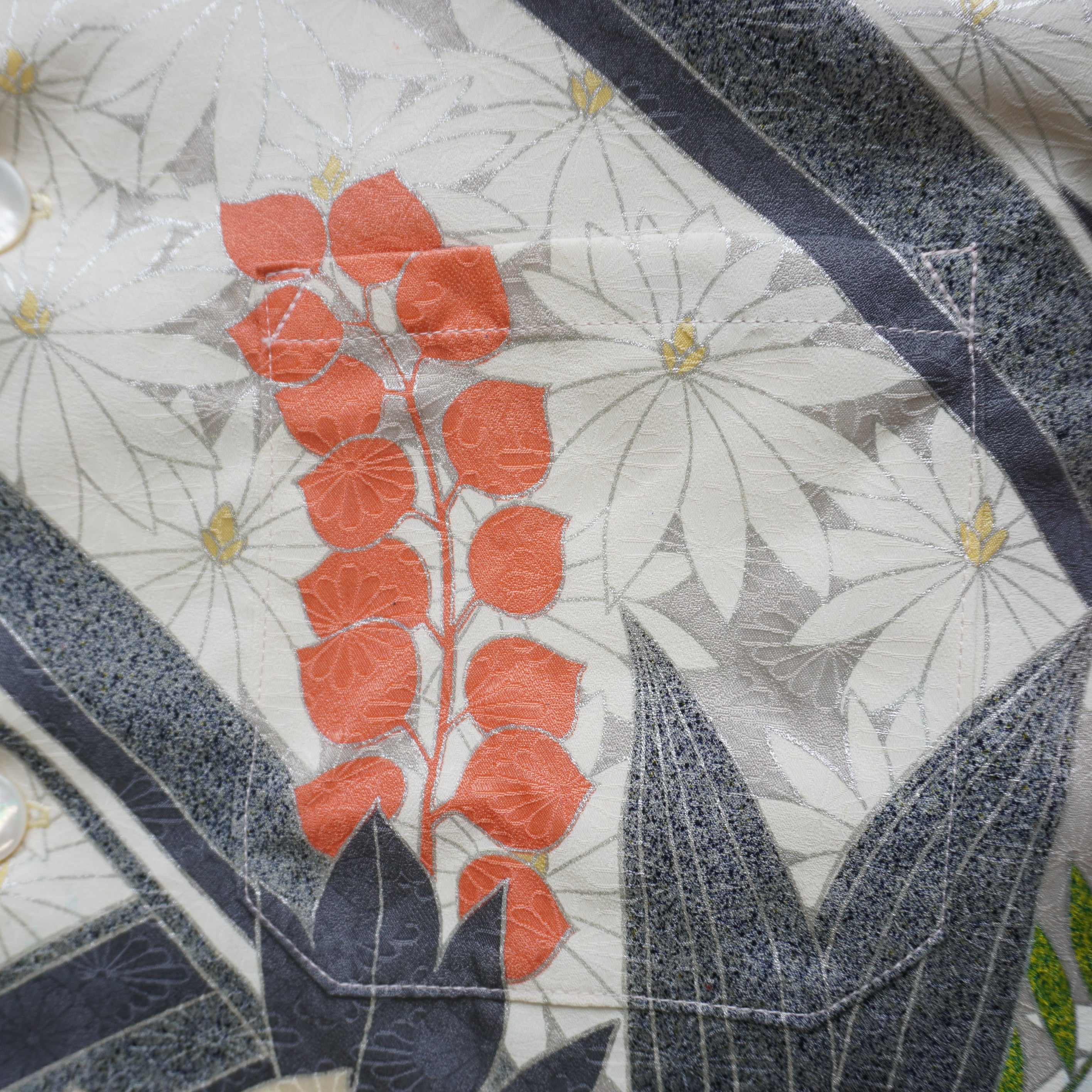 珊瑚色花々　半袖着物アロハシャツ　L　CA112