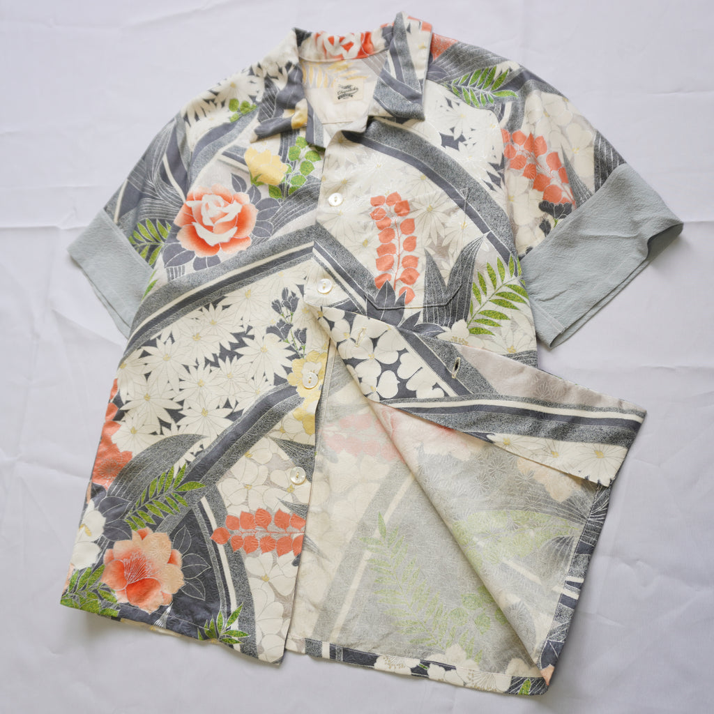 珊瑚色花々　半袖着物アロハシャツ　L　CA112