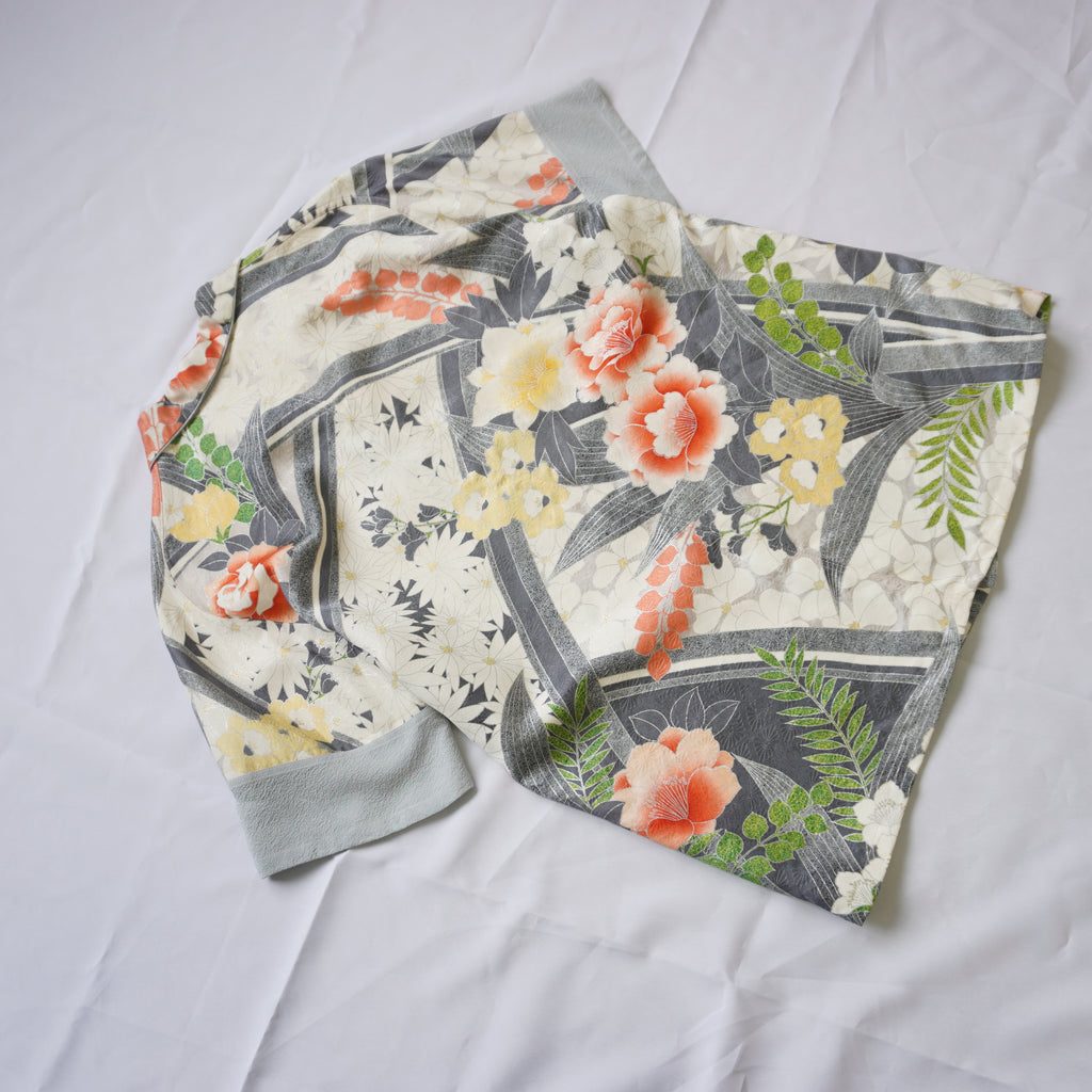 珊瑚色花々　半袖着物アロハシャツ　L　CA112