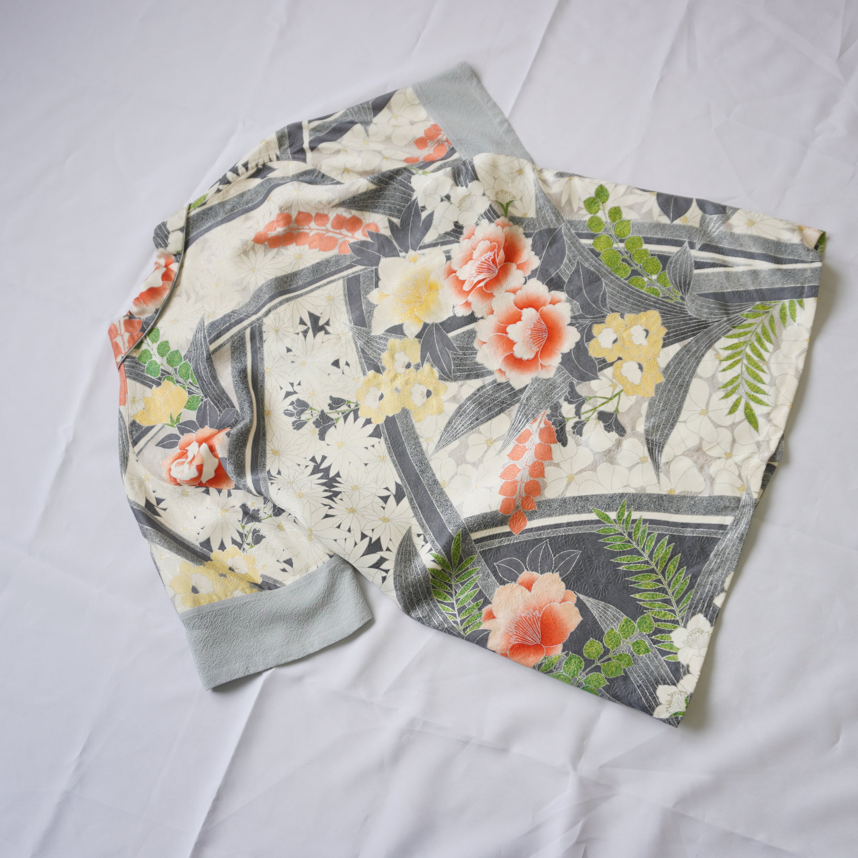 珊瑚色花々　半袖着物アロハシャツ　L　CA112