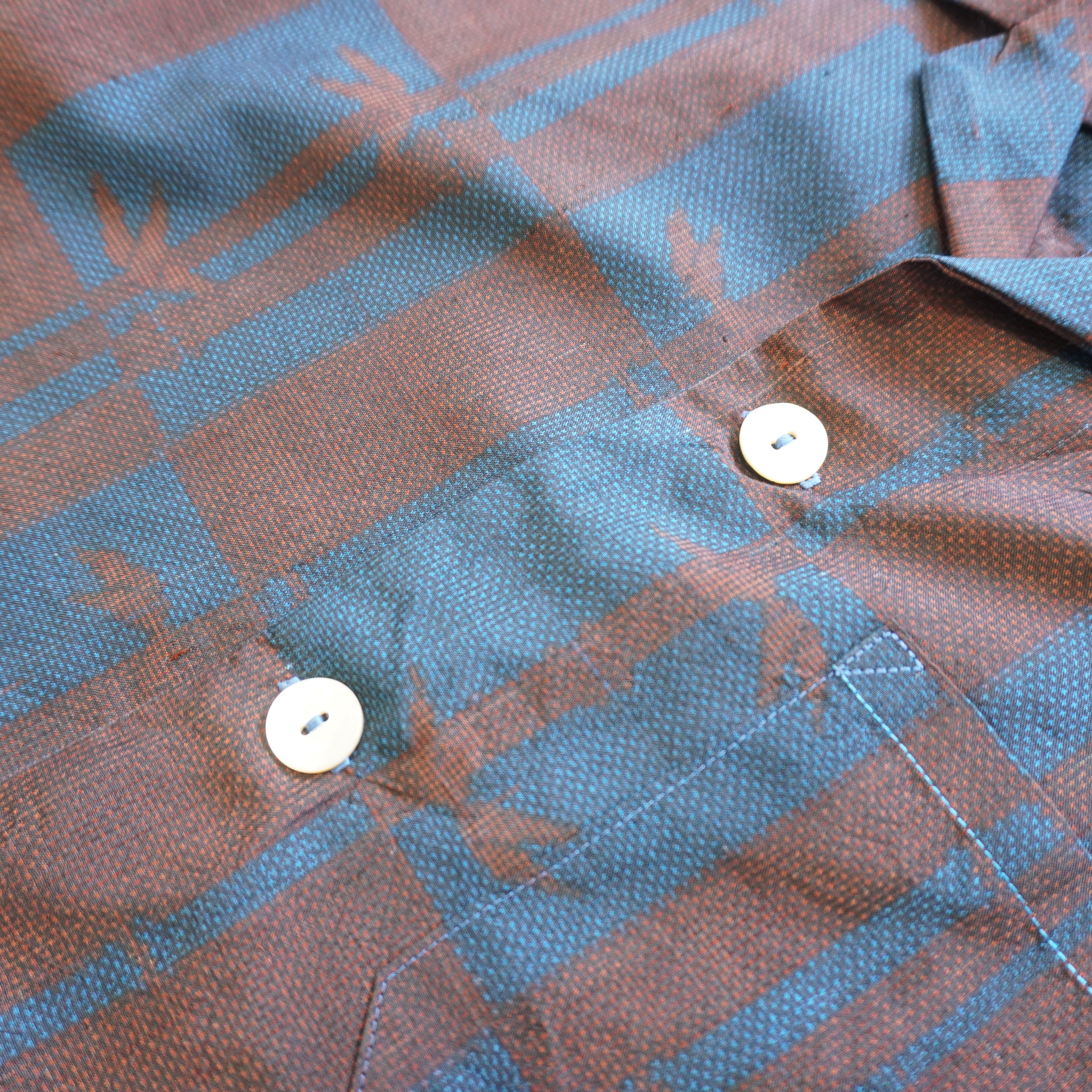 Checkered Pattern Short-Sleeve Oshima Tsumugi Aloha Shirt L CA114