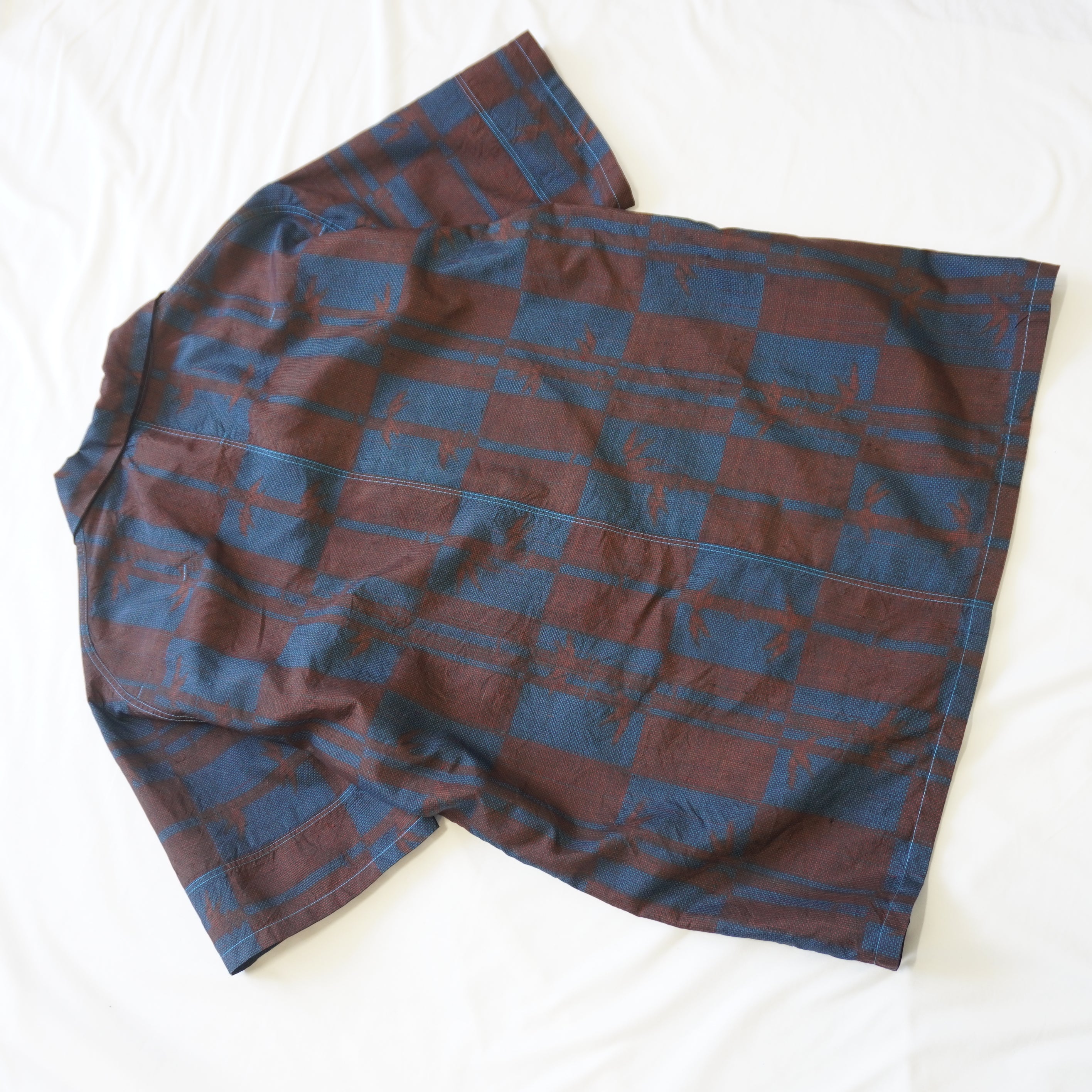 Checkered Pattern Short-Sleeve Oshima Tsumugi Aloha Shirt L CA114