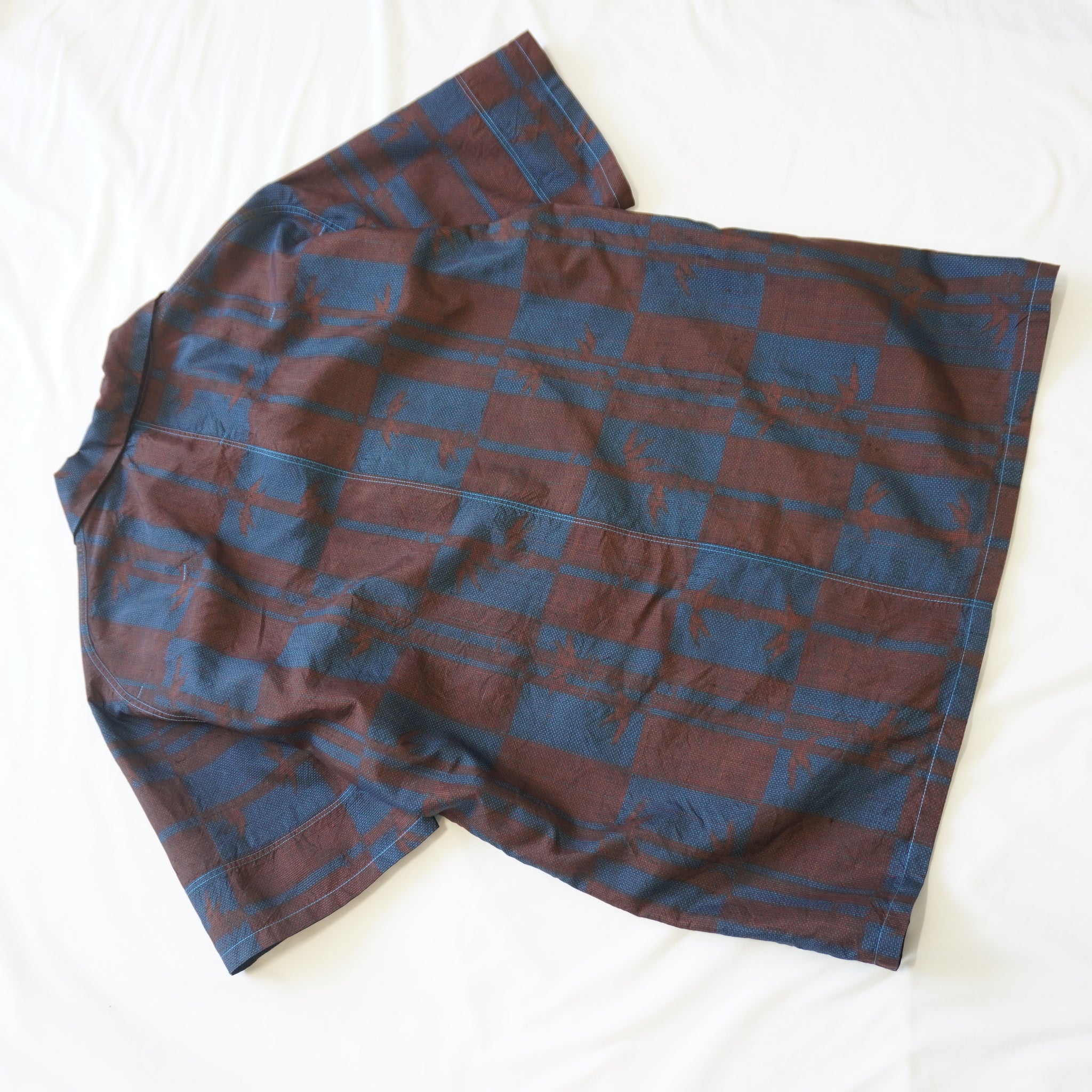 Checkered Pattern Short-Sleeve Oshima Tsumugi Aloha Shirt L CA114