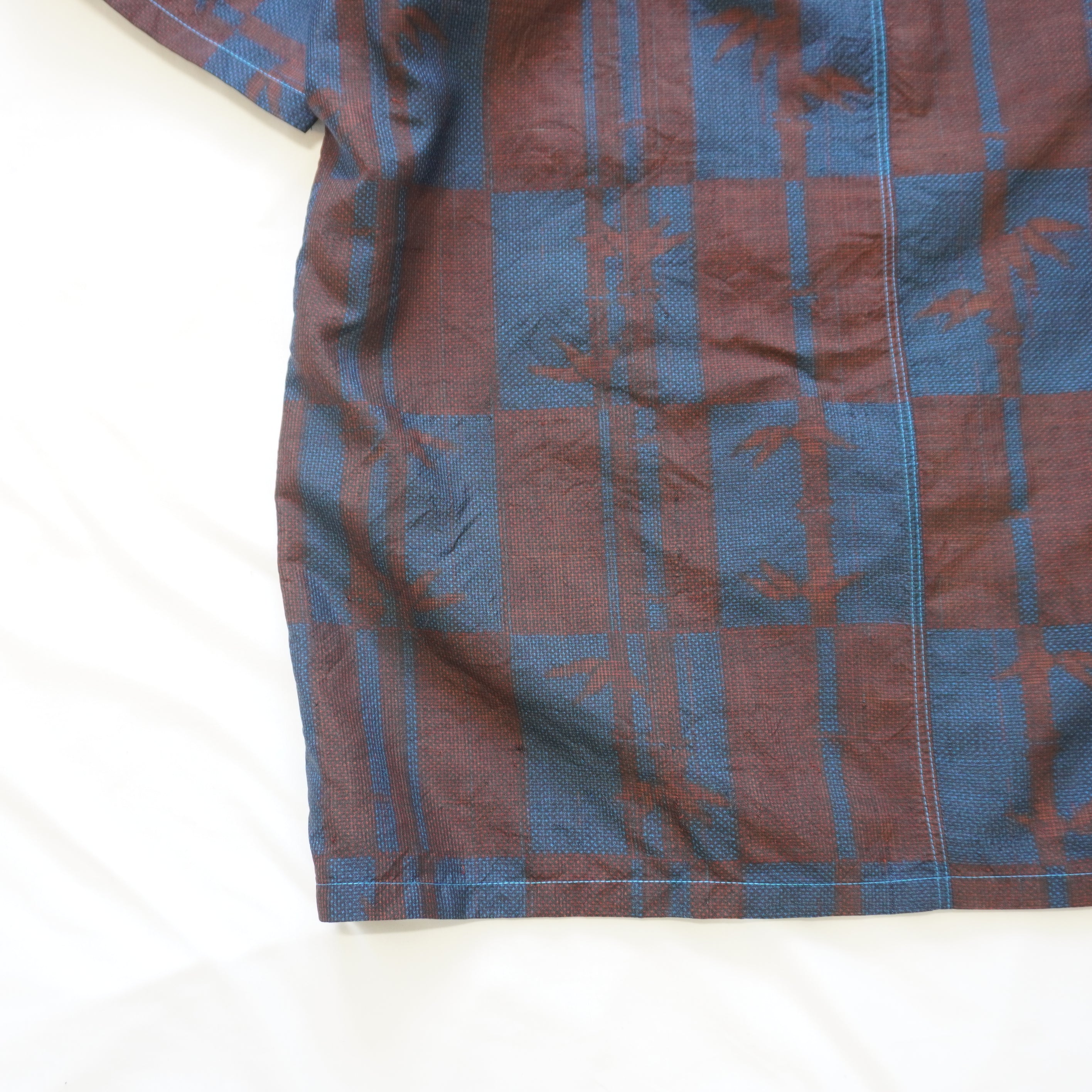 Checkered Pattern Short-Sleeve Oshima Tsumugi Aloha Shirt L CA114