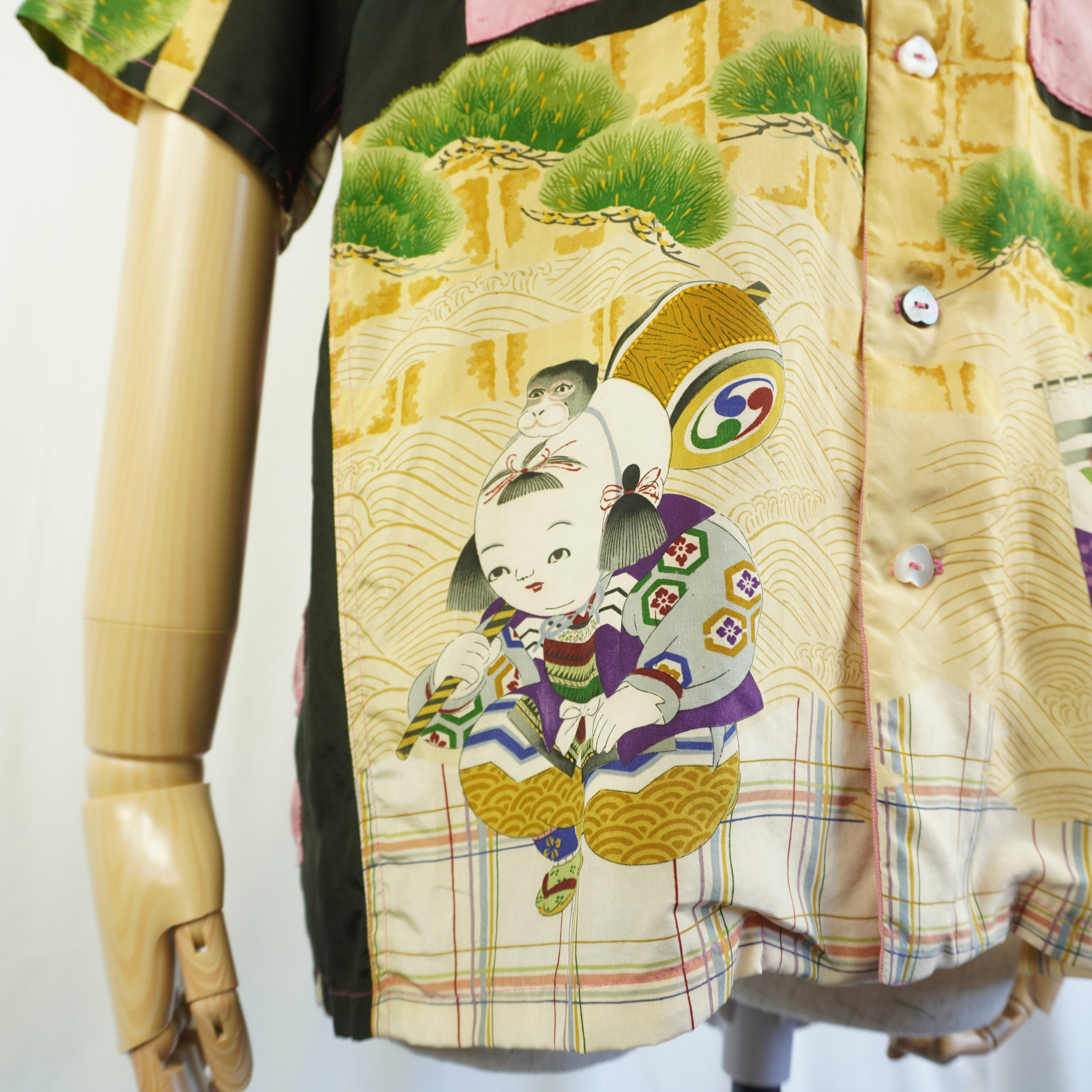 着物アロハシャツ 桃太郎 桃 シルク Mサイズ CA15