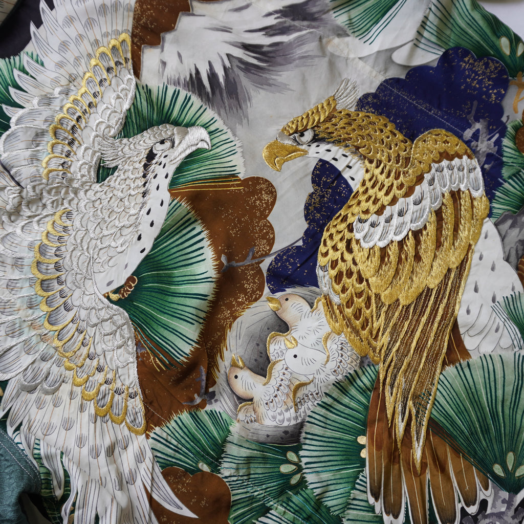 Kimono Aloha Shirt, Baby Garment, Hawk Embroidery, Size L, CA93