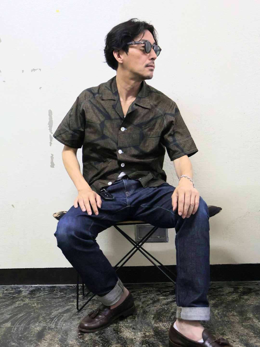 Kikkō Pattern Short Sleeve Oshima Tsumugi Aloha Shirt L CA63